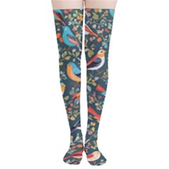 Birds Pattern Flowers Whimsical Thigh High Stockings by Salmanaz77