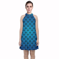 Pattern Texture Geometric Blue Velvet Halter Neckline Dress  by anzea