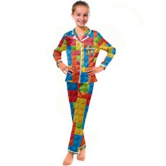 Lego Bricks, Colorful Dots Background Kids  Satin Long Sleeve Pajamas Set by kyorashop23