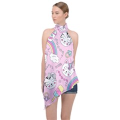 Beautiful Cute Animals Pattern Pink Halter Asymmetric Satin Top by Grandong