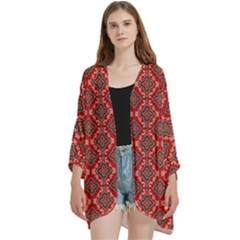 Illustrations Ajrak Abstract Design Pattern Open Front 3/4 Sleeve Batwing Chiffon Cardigan Kimono by Apenda