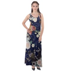 Japanese Wave Koi Illustration Pattern Sleeveless Velour Maxi Dress by Ndabl3x