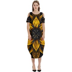 Yellow Flower Pattern Leaves Cold Shoulder Loose Fit Dress With Pockets by Maspions