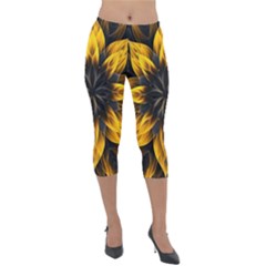 Yellow Flower Pattern Leaves Lightweight Velour Capri Leggings  by Maspions