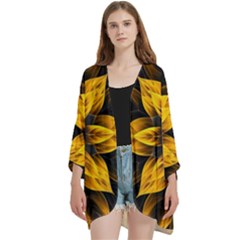 Yellow Flower Pattern Leaves Open Front 3/4 Sleeve Batwing Chiffon Cardigan Kimono by Maspions