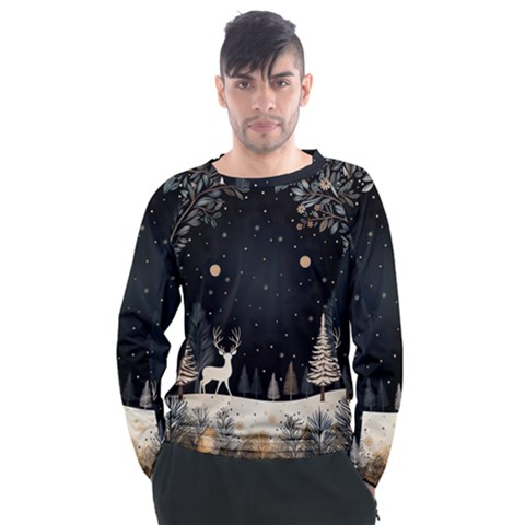 Christmas Winter Xmas Scene Nature Forest Tree Moon Men s Long Sleeve Raglan T-shirt by Apen