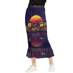 Abstract City Retro Sunset Night Maxi Fishtail Chiffon Skirt by Bedest