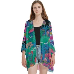 Planet Psychedelic Art Psicodelia Open Front 3/4 Sleeve Batwing Chiffon Cardigan Kimono by Bedest