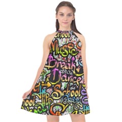 Graffiti Word Seamless Pattern Halter Neckline Chiffon Dress  by Bedest