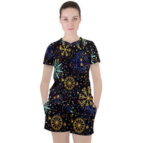 Gold Teal Snowflakes Gold Abstract Christmas Women s T-shirt And Shorts Set by Bedest