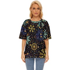 Gold Teal Snowflakes Gold Abstract Christmas Oversized Basic T-shirt by Bedest