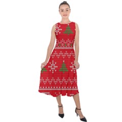 Red Christmas Pattern Xmas Decorations, Christmas Knitted Texture Midi Tie-back Chiffon Dress by kyorashop23