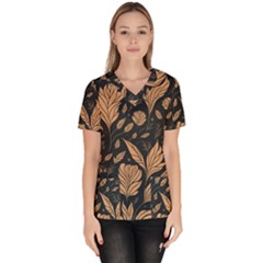 Background Pattern Leaves Texture Women s V-neck Scrub Top by Salmanaz77