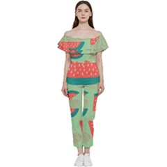 Watermelon Dots Summer Pattern Bardot Ruffle Jumpsuit by Bedest