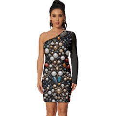 Pearls And Stones Long Sleeve One Shoulder Mini Dress by dedoma