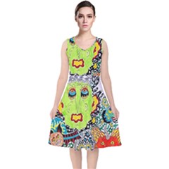 Supersonic Monster Mash V-neck Midi Sleeveless Dress  by chellerayartisans