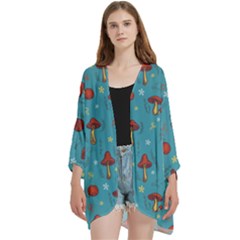 Whimsical Mushroom Pattern Open Front 3/4 Sleeve Batwing Chiffon Cardigan Kimono by Drawde