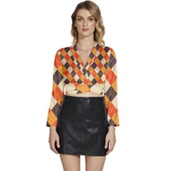 Halloween Argyle Pattern  Long Sleeve Tie Back Satin Wrap Top by Safari