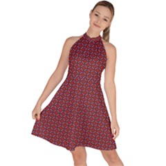 Brown Red Dot Pattern Sleeveless Halter Neck A-line Dress by ytdream