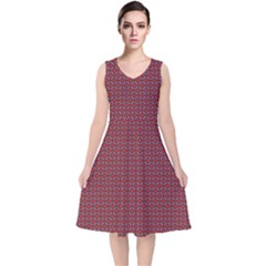 Brown Red Dot Pattern V-neck Midi Sleeveless Dress  by ytdream