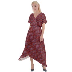 Brown Red Dot Pattern Cross Front Sharkbite Hem Maxi Dress by ytdream