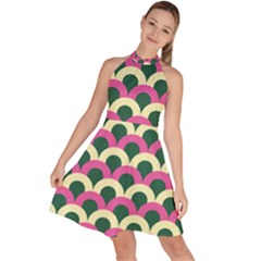 Green Yellow Pattern Sleeveless Halter Neck A-line Dress by ytdream