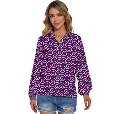 Violet White Pattern Women s Long Sleeve Button Up Shirt by ytdream