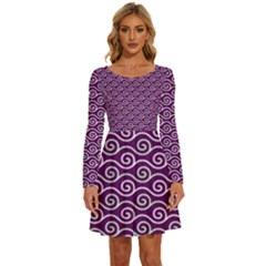 Violet White Pattern Long Sleeve Wide Neck Velvet Dress by ytdream