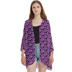 Violet White Pattern Open Front 3/4 Sleeve Batwing Chiffon Cardigan Kimono by ytdream