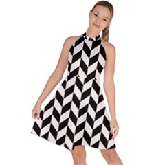 Black And White Pattern Sleeveless Halter Neck A-line Dress by ytdream