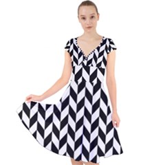 Black And White Pattern Cap Sleeve Front Wrap Midi Dress by ytdream