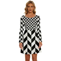 Black And White Pattern Long Sleeve Wide Neck Velvet Dress by ytdream