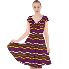 Multicolor Wave Pattern Cap Sleeve Front Wrap Midi Dress by ytdream