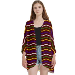 Multicolor Wave Pattern Open Front 3/4 Sleeve Batwing Chiffon Cardigan Kimono by ytdream