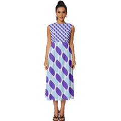 White Blue Pattern Sleeveless Round Neck Midi Dress by ytdream