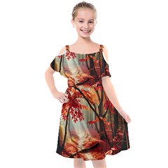 Forest Path Red Nature Kids  Cut Out Shoulders Chiffon Dress by Bedest