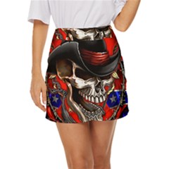Confederate Flag Usa America United States Csa Civil War Rebel Dixie Military Poster Skull Mini Front Wrap Skirt by Ket1n9