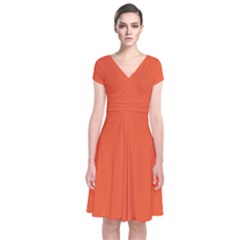 An Orange Background With A Black Border Short Sleeve Front Wrap Dress by catchydesignhill