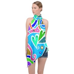 Crazy Pop Art - Doodle Hearts  Halter Asymmetric Satin Top by ConteMonfrey