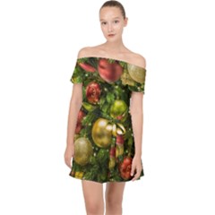 Christmas Tree Ornament Deco Off Shoulder Chiffon Dress by Apenda