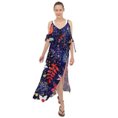 Festive Floral Pattern Christmas Blue Floral Flower Foliage Leaves Pattern Red Snow Winter Maxi Chiffon Cover Up Dress by Maspions