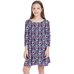 Sugar Skull Cat Pattern Kids  Quarter Sleeve Skater Dress by ExtraAwesomeSauce