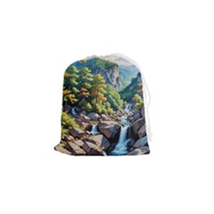 Serene Mountain Waterfall Landscape Drawstring Pouch (small) by ExtraGoodSauce