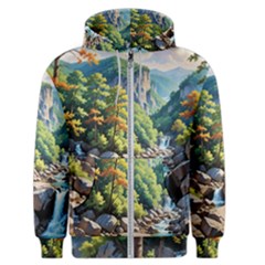 Serene Mountain Waterfall Landscape Men s Zipper Hoodie by ExtraAwesomeSauce