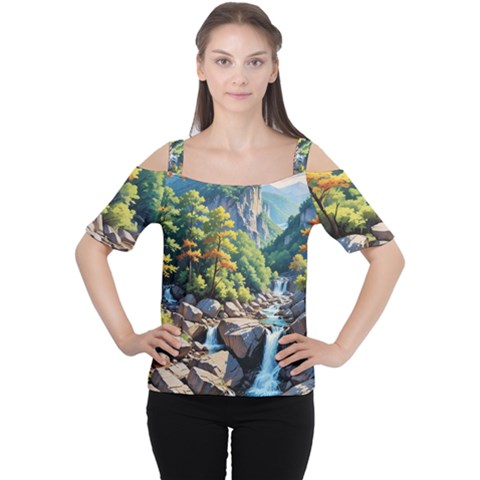 Serene Mountain Waterfall Landscape Cutout Shoulder T-shirt by ExtraGoodSauce