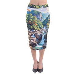 Serene Mountain Waterfall Landscape Velvet Midi Pencil Skirt by ExtraGoodSauce