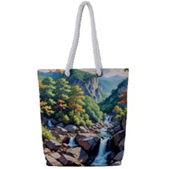 Serene Mountain Waterfall Landscape Full Print Rope Handle Tote (small) by ExtraGoodSauce