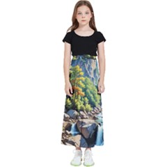 Serene Mountain Waterfall Landscape Kids  Flared Maxi Skirt by ExtraAwesomeSauce