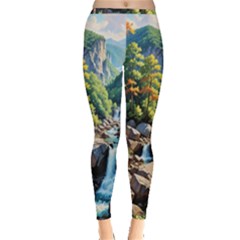 Serene Mountain Waterfall Landscape Inside Out Leggings by ExtraAwesomeSauce