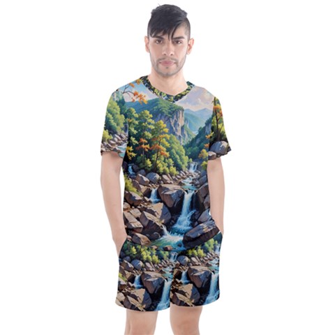 Serene Mountain Waterfall Landscape Men s Mesh T-shirt And Shorts Set by ExtraGoodSauce